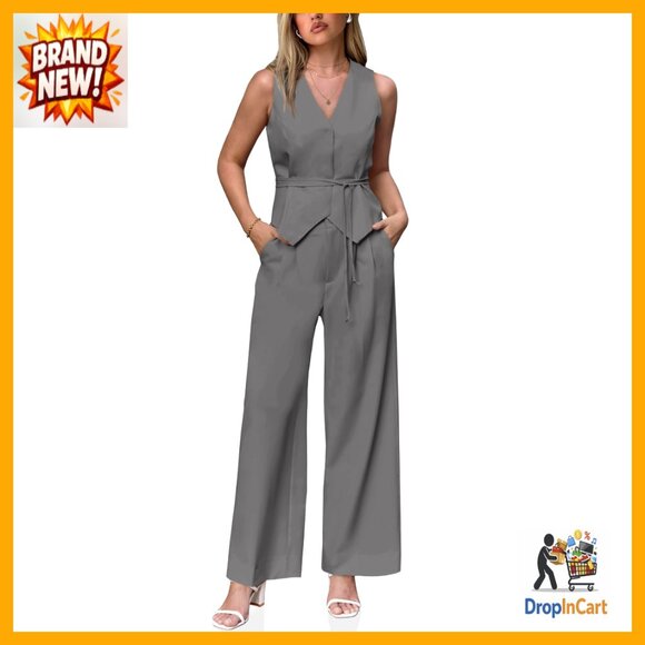 Pants - V-Neck Sleeveless Blazer Vest Pleated Wide Leg Pantsuit Set Business Casual